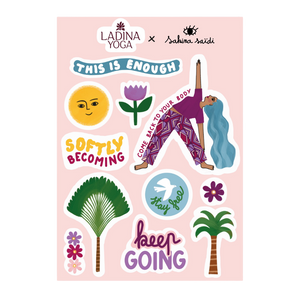 A sheet of colorful sticker designs featuring yoga poses, flowers, palm trees, and motivational phrases like 'THIS IS ENOUGH' and 'keep GOING' on a light pink background. The top of the sheet shows the brands 'LADINA YOGA' and 'Sahina Saidi' with a product collaboration mark.