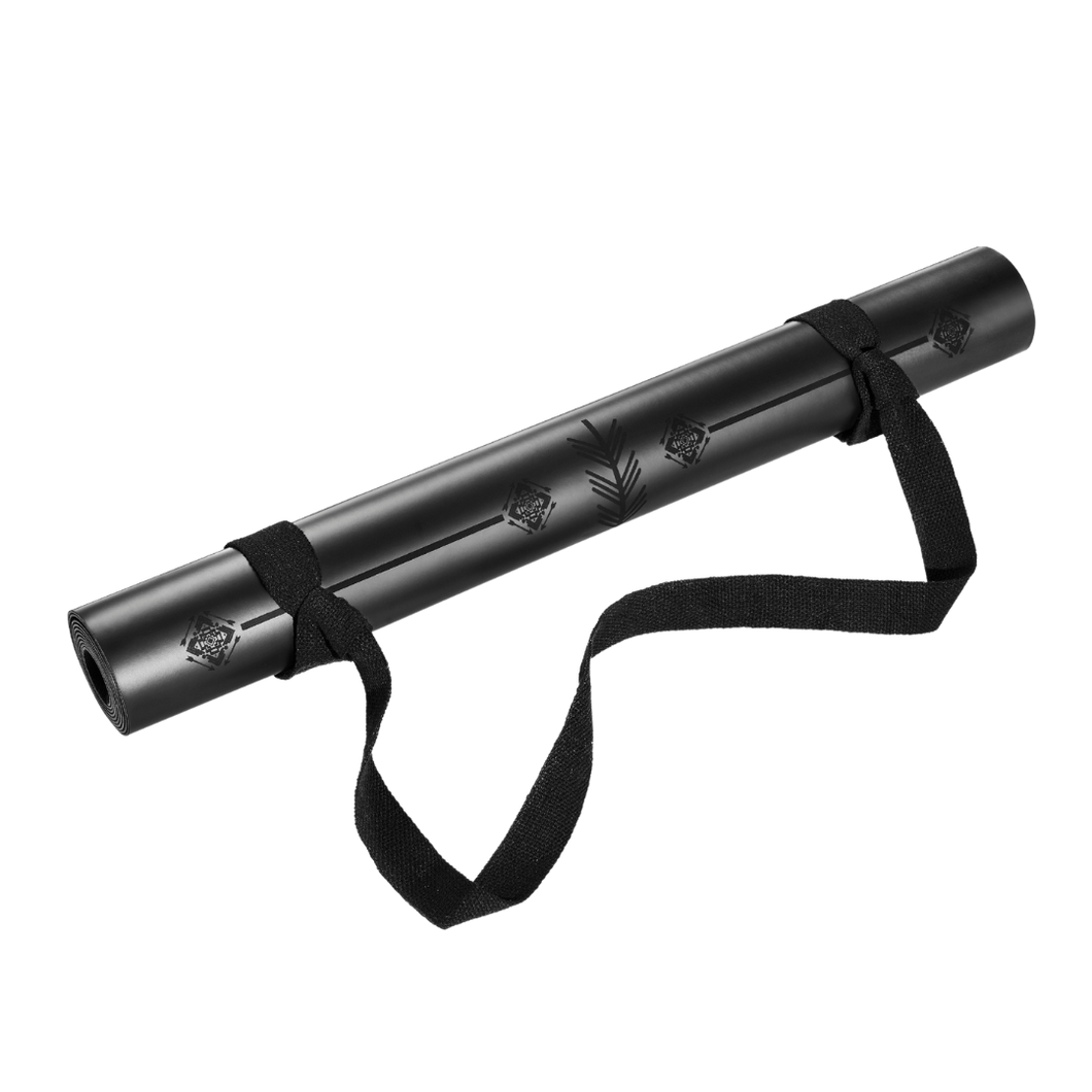 Warrior Black travel yoga mat rolled with a strap